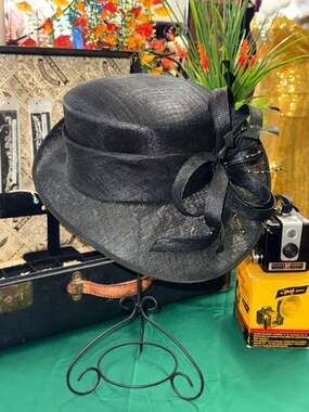 Vintage Black Straw Formal Dress Hat with Bow and Feather Detail